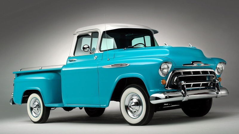 studio shot, pickup, side view, gray, single, stationary, turquoise colored, motor vehicle, teal, retro styled, copy space, city, blue, vintage car, driving