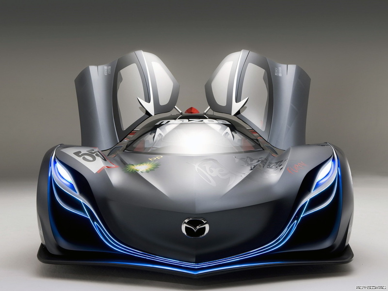 1080P, reflection, Mazda Furai, helmet, blue, white color, silver colored, Mazda, still life, car, single object, gray, studio shot, cut out, close-up