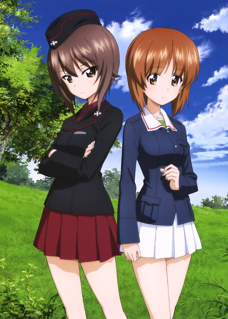 costume, girls, men, women, togetherness, uniform, Nishizumi Maho, Nishizumi Miho, 4K, males, sibling, grass, boys, outdoors, skirt, sky, females, sister