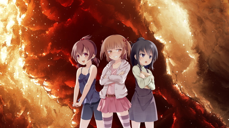 1080P, front view, togetherness, offspring, innocence, sister, looking at camera, portrait, nature, anime girls, space, three quarter length, anime, astronaut