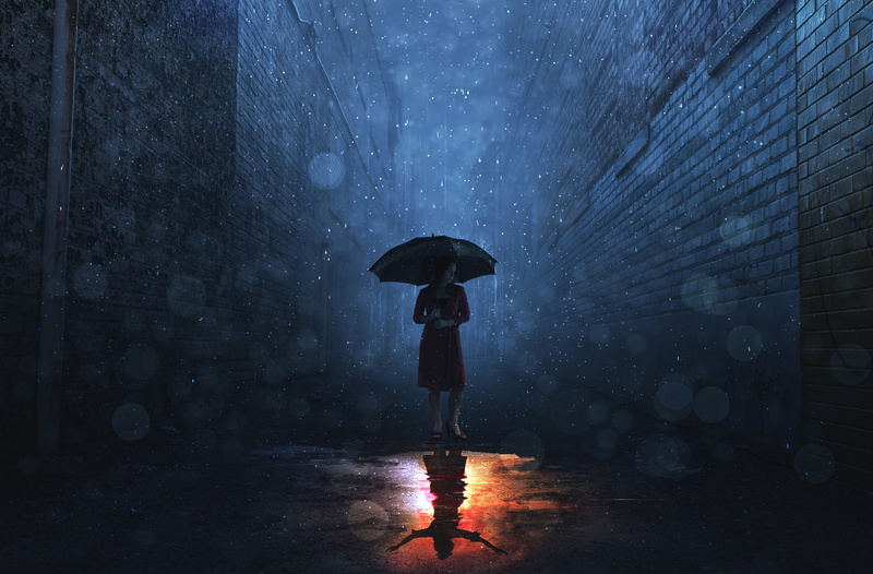 wet, high heels, water, real people, raindrop, security, night, street, umbrella, reflection, full length, torrential rain, digital art, drop, one person