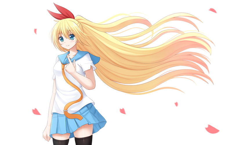 Chitoge Kirisaki, Blonde, character, indoors, Smile, beautiful woman, female, lifestyles, uniform, Long Hair, representation, scarf, Thigh Highs, white