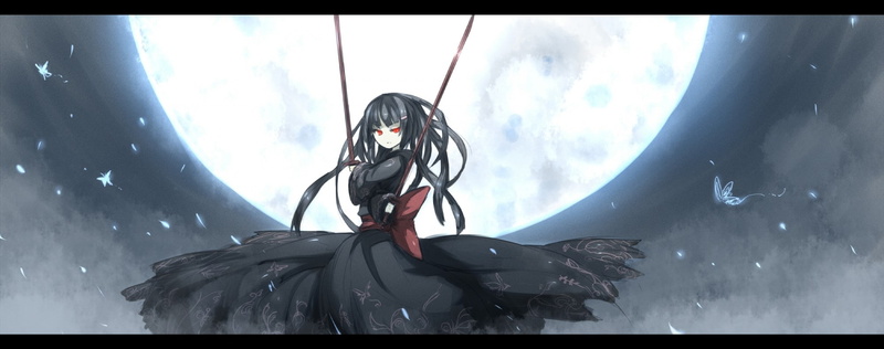 eyes, moon, original, traditional, characters, traditional clothing, black, original characters, red eyes, black hair, clothing, hair, kimono, sword, 1080P
