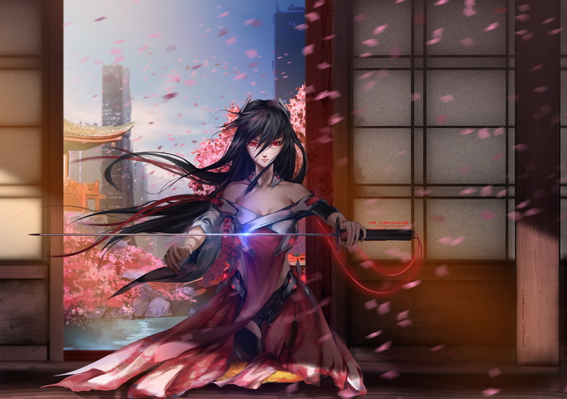 2K, hairstyle, young women, architecture, house, hair, glass - material, lifestyles, leisure activity, kimono, real people, indoors, sword, petals, standing