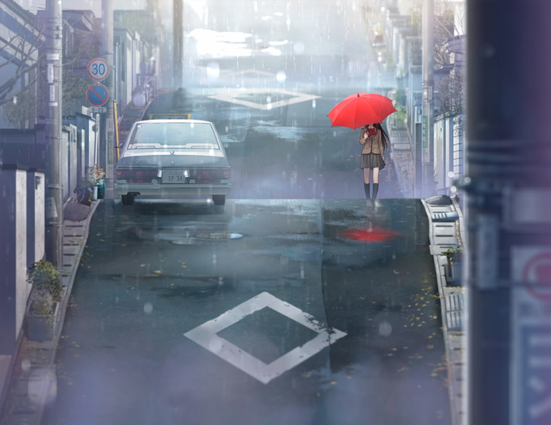 anime, schoolgirl, Aozaki Aoko, rain, anime girls, street, manga, urban, Mahoutsukai no Yoru, 1080P, umbrella
