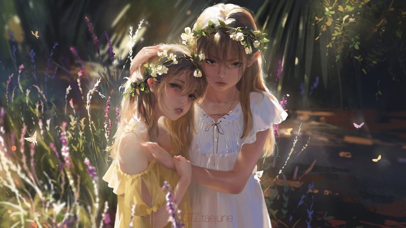 720P, blonde, butterfly, illustration, digital art, drawing, bokeh, looking at viewer, dress, artwork, Taejune Kim, outdoors, women, flower crown