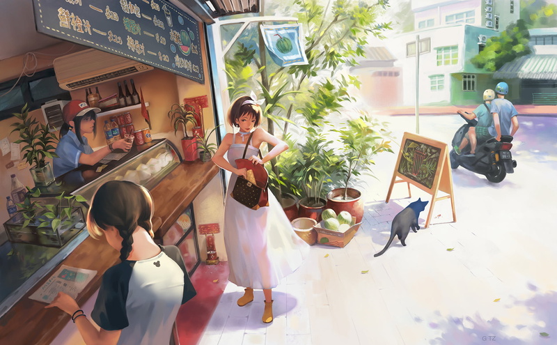 1080P, cats, blouse, brunette, white dress, tradesman, street, Taejune Kim, people, city, digital art, women