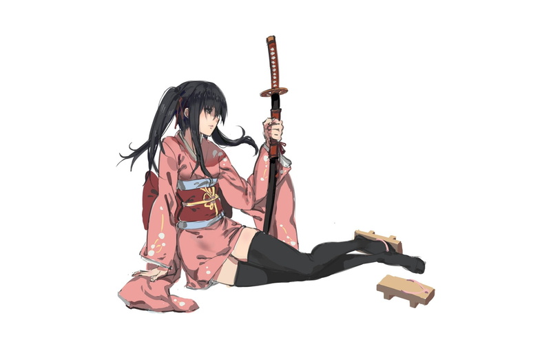 anime, thigh-highs, black hair, sword, kimono, Japanese clothes, weapon, anime girls, white background, katana, Gintama, simple background, Yagyuu Kyuubei