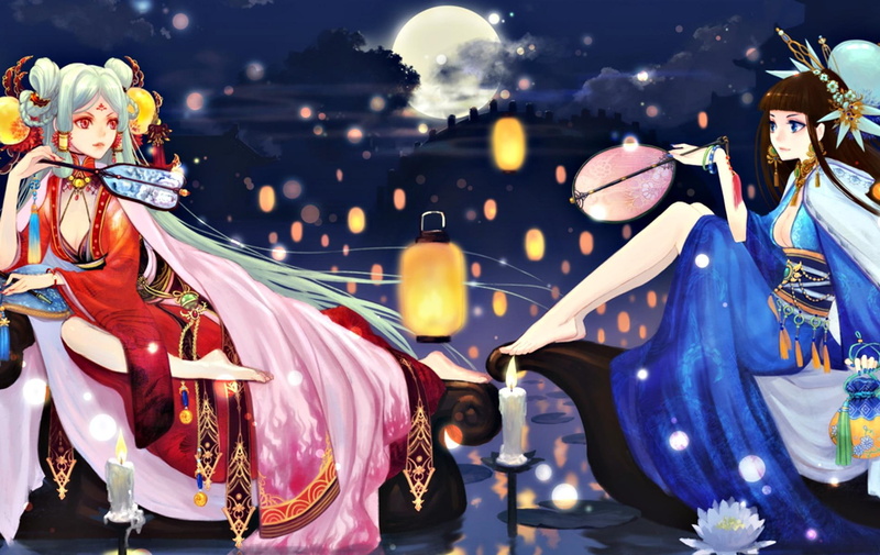 geisha, manga, anime, blue, girl, water, lantern, 720P, teddy-yang, geishas, moon, pink