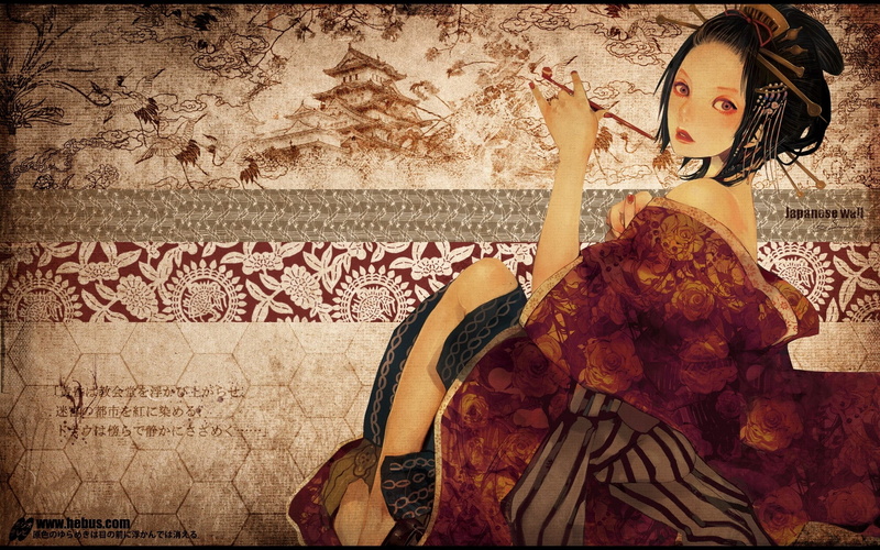 japanese, brown, people, Dress, patterns, eyes, 1080P, text, kimono, hd, hair, pipes, short, lips, art, geisha, anime, gi, clothes, pagodas