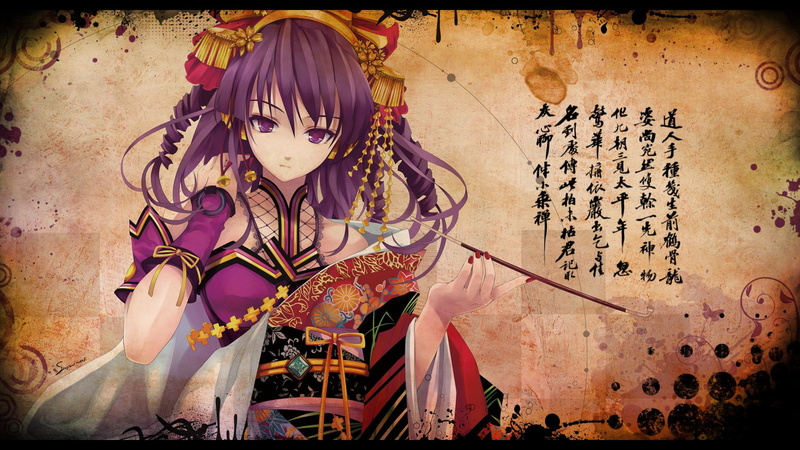 geisha, japanese, nature, b, jewelry, colorful, 1080P, purple, flowers, text, long, Abstract, kanji, hair, checkered, pipes, hd, art