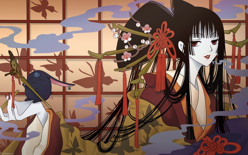 women, hair, art, long hair, 2K, japanese, xxxholic, mokona, ichihara, long, girls, ornaments, animals, Flowers, kimono, butterflies, hd, yu, anime