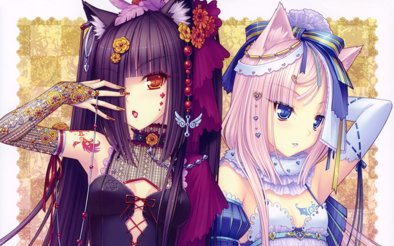 cat, neko, eyes, girls, sayori, pink, 1080P, long hair, hd, ears, long, people, corset, Blue Eyes, nekomimi, blue, art, anime, works, hair, red