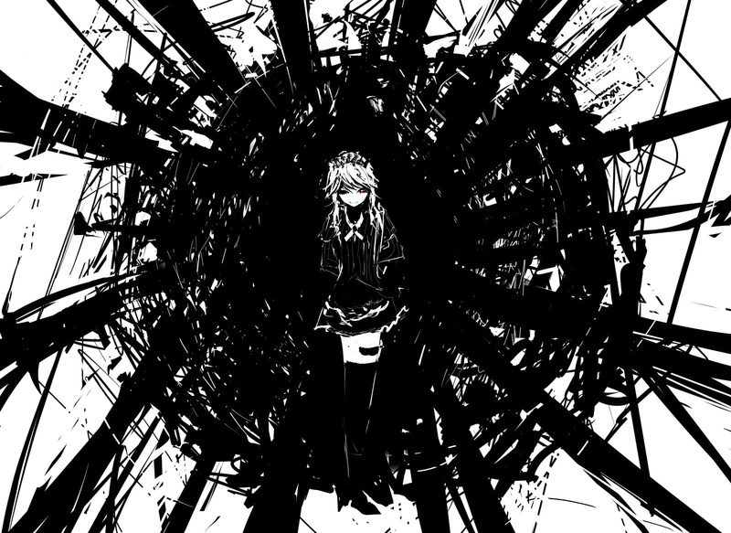 monochrome, short, art, highs, red, white, hd, eyes, Touhou, maids, Abstract, hair, sakuya, 720P, hai, black, izayoi, thigh