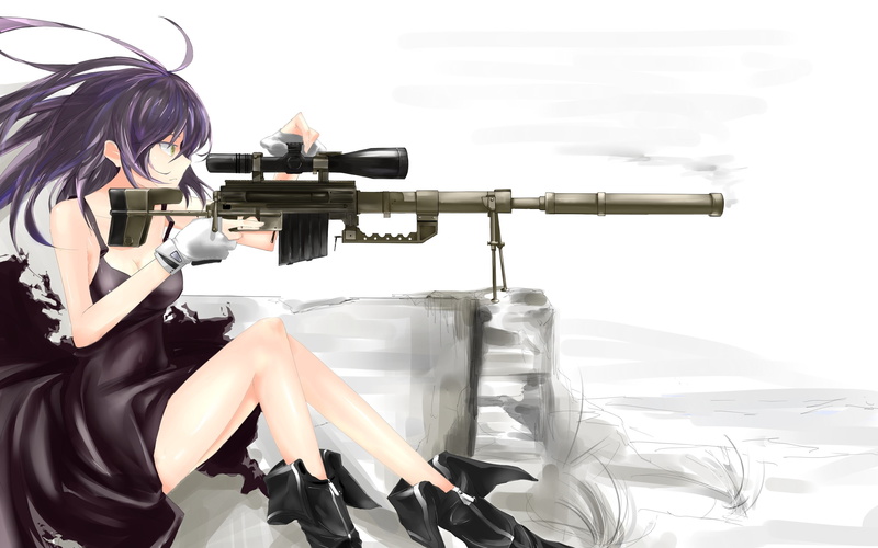 2K, long, o, hd, sniper, eyes, Gloves, anime, long hair, hair, purple, Cleavage, boots, green, art, weapons, m, people, girls, Dress