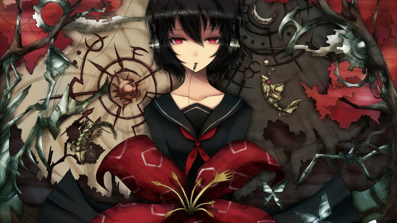 Black, flowers, art, girls, Abstract, red, headphones, girl, hd, 1080P, eyes, x, anime, butterflies, animals
