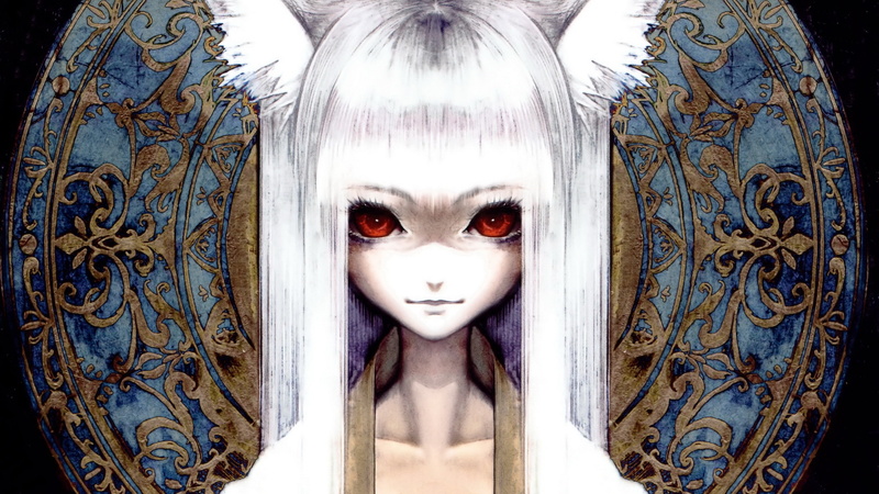 animal ears, animal, girls, collar, akira, red, hair, art, long, eyes, white, hd, 2K, ears, japanese, bone, anime, clothes, banp, faces, long hair, albino