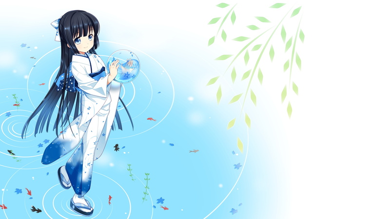 clothes, hair, suisyo, 4K, anime, black, long, girls, kimono, art, blue, animals, FISH, kasumu, hd, eyes, kirino, japanese, Blue Eyes, shizuku