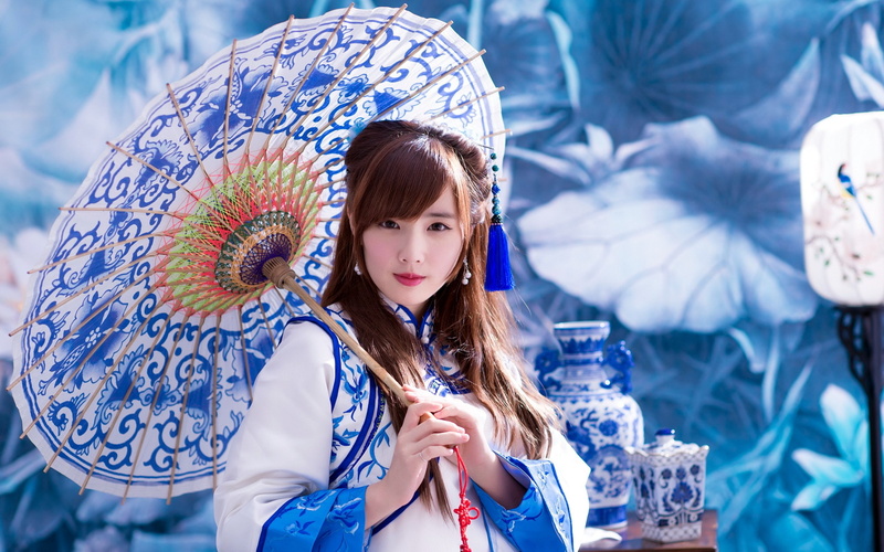 2K, blue, girl, oriental, kimono, geisha, umbrella, asian