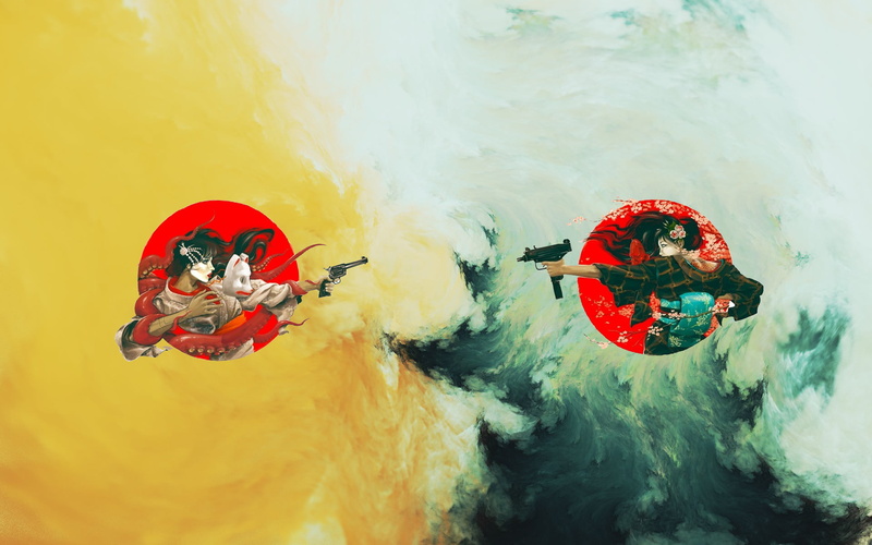 geisha, tentacles, digital art, 1080P, gun, branch, uzi, yellow, revolver
