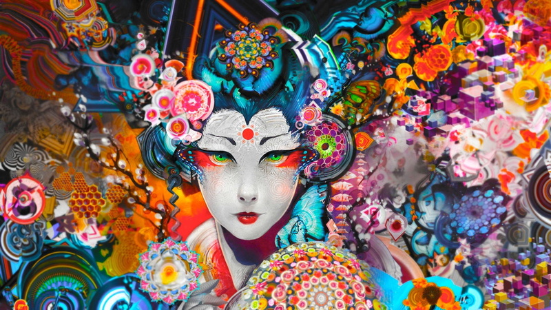 abstract, 1080P, colorful, geisha