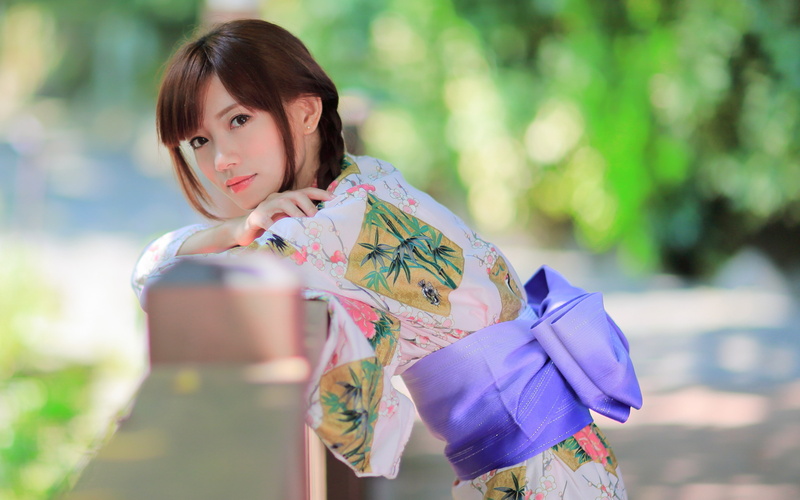 geisha, depth of field, Asian, bangs, trees, brown eyes, brunette, bokeh, women, long hair, fence, braids, model, 4K