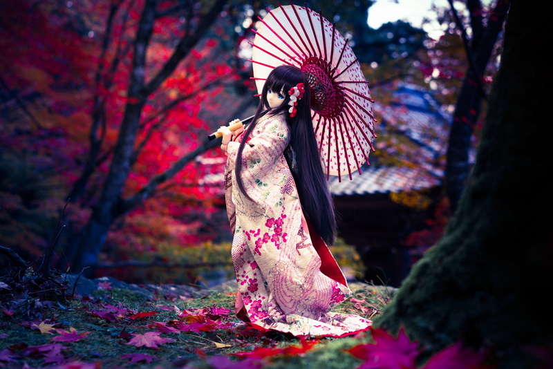 umbrella, Japanese, 1080P, kimono, doll, hair