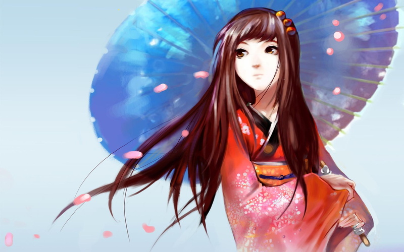 front view, portrait, blue, looking at camera, umbrella, Anime / Animated, japanese, anime, girl, beautiful woman, standing, clothing, young women, red