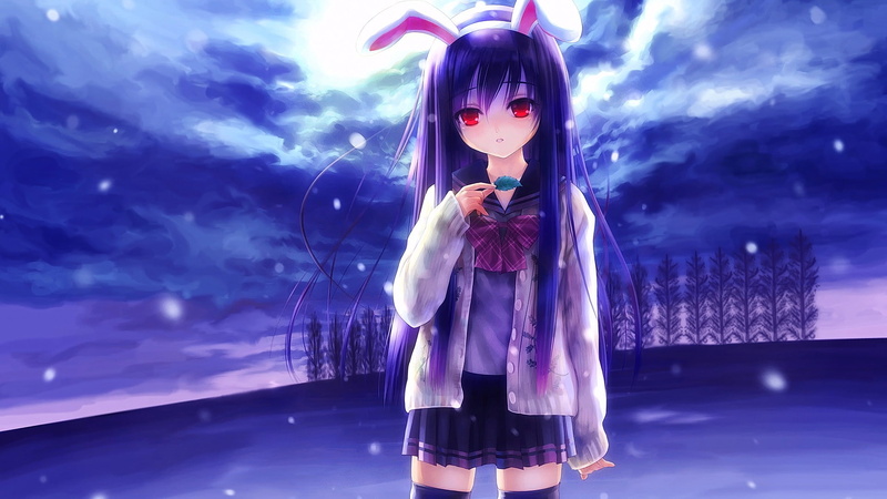 school uniform, long hair, 1080P, anime girls, animal ears, red eyes, anime, Reisen Udongein Inaba, thigh-highs, brunette, Touhou