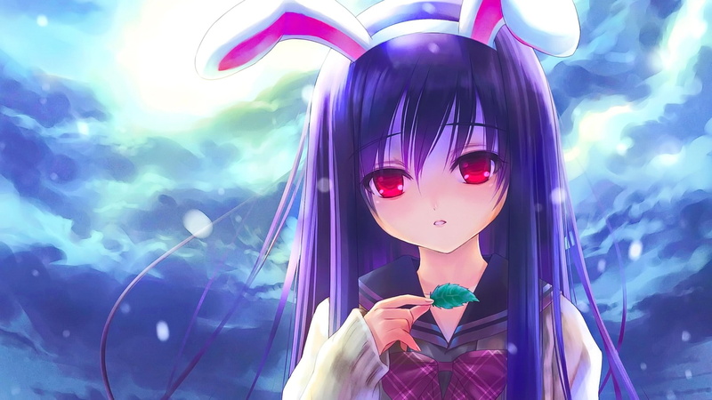 red eyes, 1080P, animal ears, anime girls, Reisen Udongein Inaba, Touhou, school uniform, brunette, long hair, thigh-highs, anime
