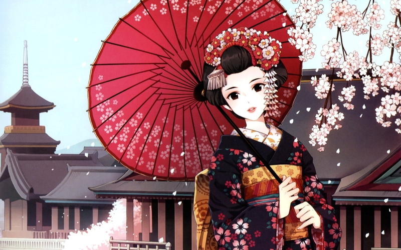 Japan, 720P, anime, anime girls, original characters, umbrella, traditional clothing, cherry blossom, kimono