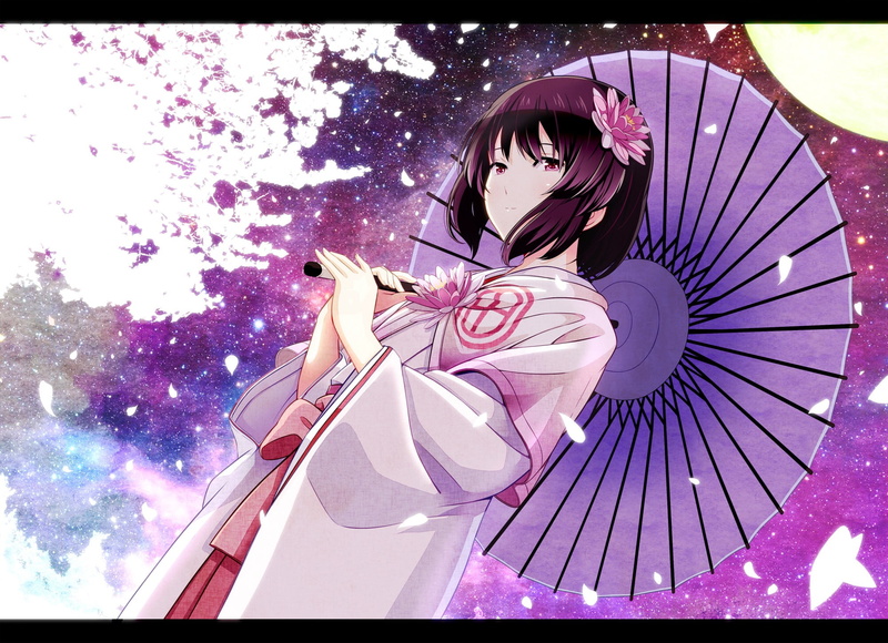 1080P, women, short hair, day, anime girls, outdoors, transfer print, multi colored, one person, low angle view, fragility, umbrella, plant, ribbon, representation