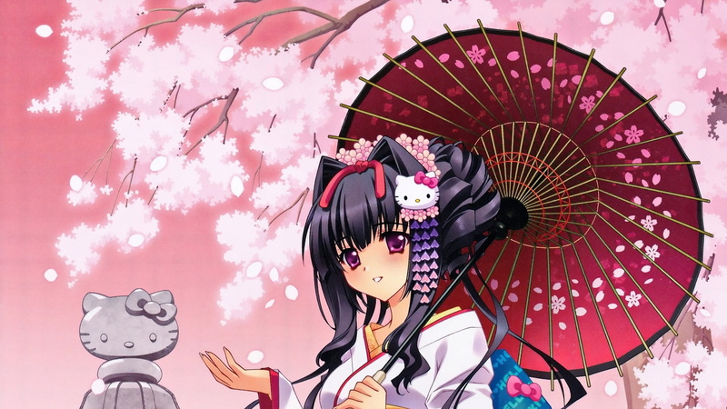 flower, 1080P, growth, Japanese clothes, freshness, brunette, kimono, anime girls, arts culture and entertainment, day, flowers, flowering plant, women