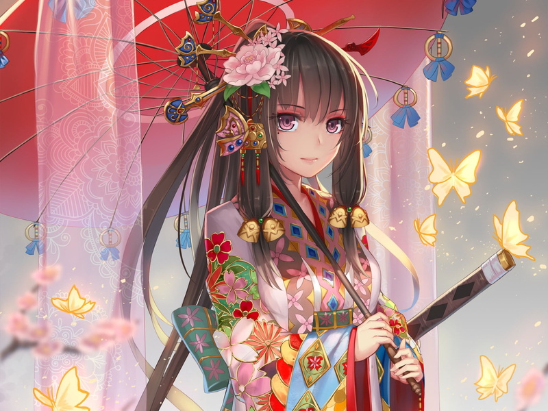 dark hair, sword, anime girls, Japanese clothes, long hair, anime, umbrella, kimono, 720P, hair ornament