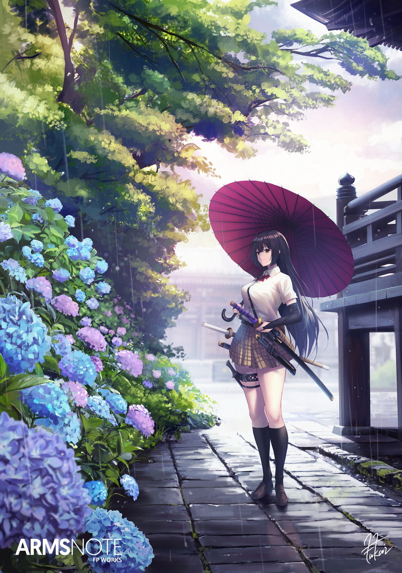 rain, plants, vertical, socks, anime girls, flowers, green eyes, anime, skirt, sword, portrait display, purple flowers, 720P, digital art, trees, black hair