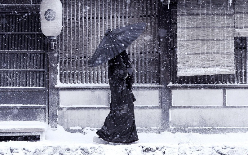 street, snowflakes, snow, 720P, winter, women, umbrella, japanese