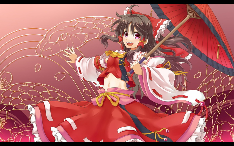 animal, bow, reimu, dress, musouduki, miko, touhou, hakurei, navel, clothes, umbrella, 720P, flowers, japanese