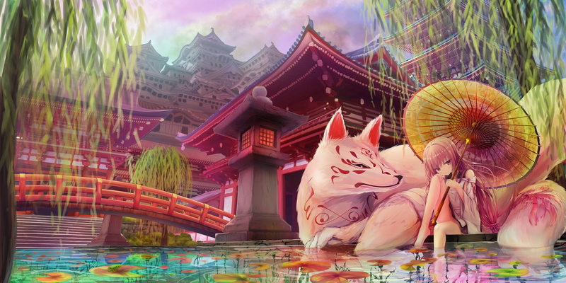 1080P, fox, Japanese clothes, water, building, sky, umbrella