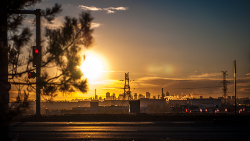 sunset, pollution, environment, factory, transportation, sunny, orange color, smoke - physical structure, canada, air pollution, industry, cloud - sky