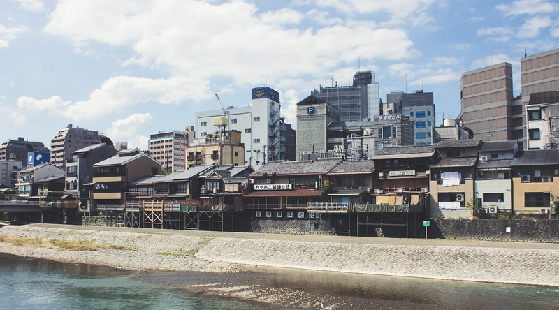 waterfront, kyoto, residential district, architecture, building, sky, cloud - sky, traditional, river, bridge, japan, nature, city, built structure, old