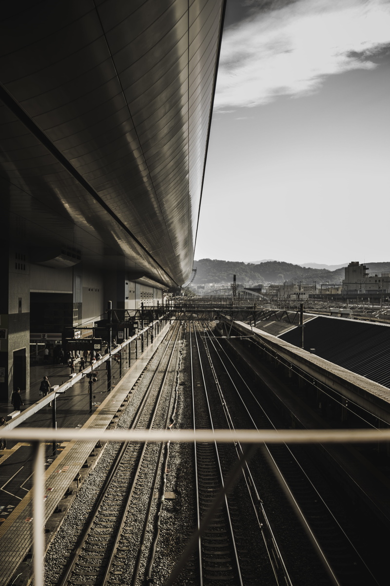 outdoors, transportation, no people, station, connection, sky, 5K, railroad track, architecture, kyoto prefecture, day, skyscraper, rail transportation