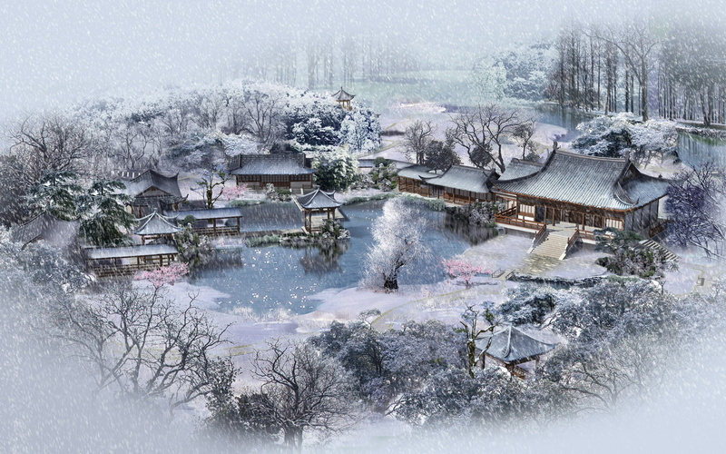 building, scenics, forest, water, high angle view, white, mountain, from above, fog, extreme weather, snow, outdoors, 1080P, day, snowing, winter, weather