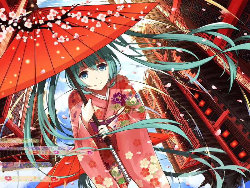 anime girls, umbrella, petals, traditional clothing, cherry blossom, kimono, Hatsune Miku, 1080P, Vocaloid, flowers, anime