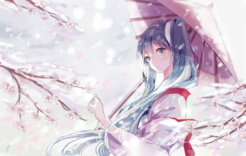 long hair, 720P, flowers, snow, Yuki Miku, kimono, anime, Hatsune Miku, Vocaloid, yukata, umbrella, snow flakes, cherry blossom, twintails, traditional clothing