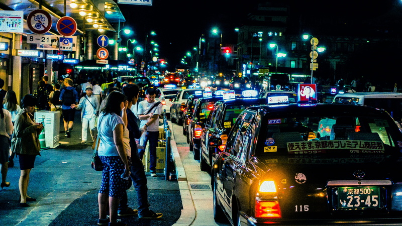 waiting, night, crowd, japan, building exterior, group of people, karasuma station, car, built structure, kyoto, people, nightlife, city street, traffic
