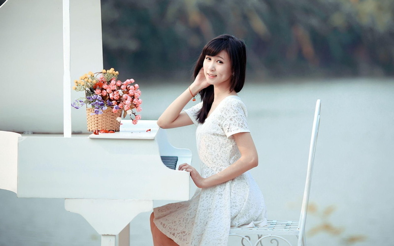 playing, asian, girl, piano, girls, woman, 1920x1200, white, neck, scoop, 1080P, s, women, dress