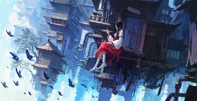 butterfly, building, puppets, fantasy art, 1080P