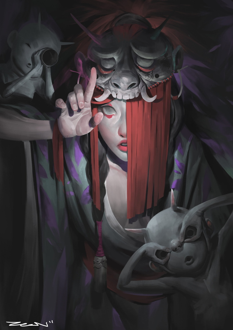 drawing, women, dress, 2K, Zeen Chin, mask, redhead