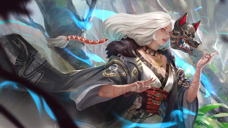 kimono, digital art, spirit, artwork, thread, girl, 1080P, artist, fantasy girl, fantasy art, mask, wolf, fantasy, japanese, Zeen Chin
