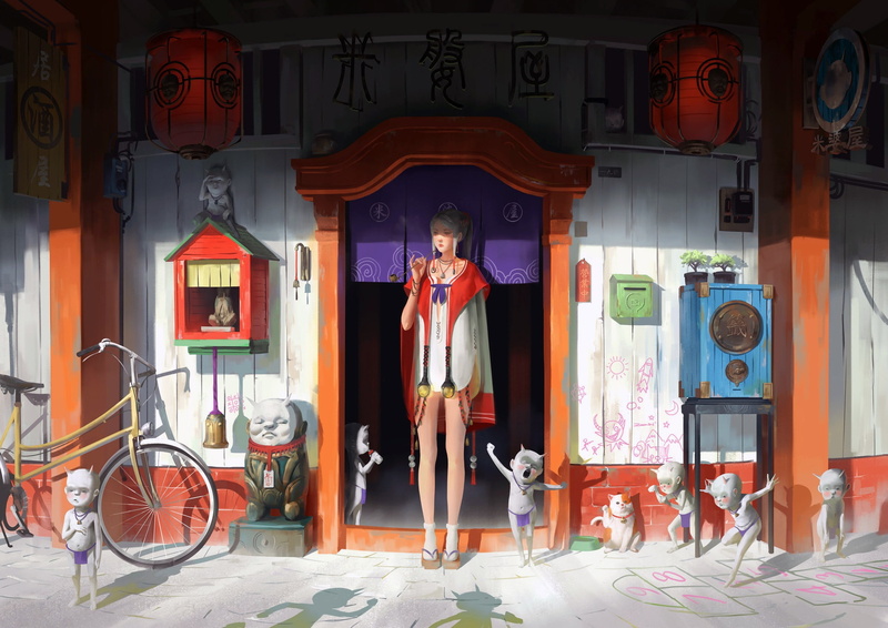 fantasy art, blonde, artwork, door, 1080P, legs, artist, bicycle, fantasy, Zeen Chin, girl, braids, goblin, dress, kimono
